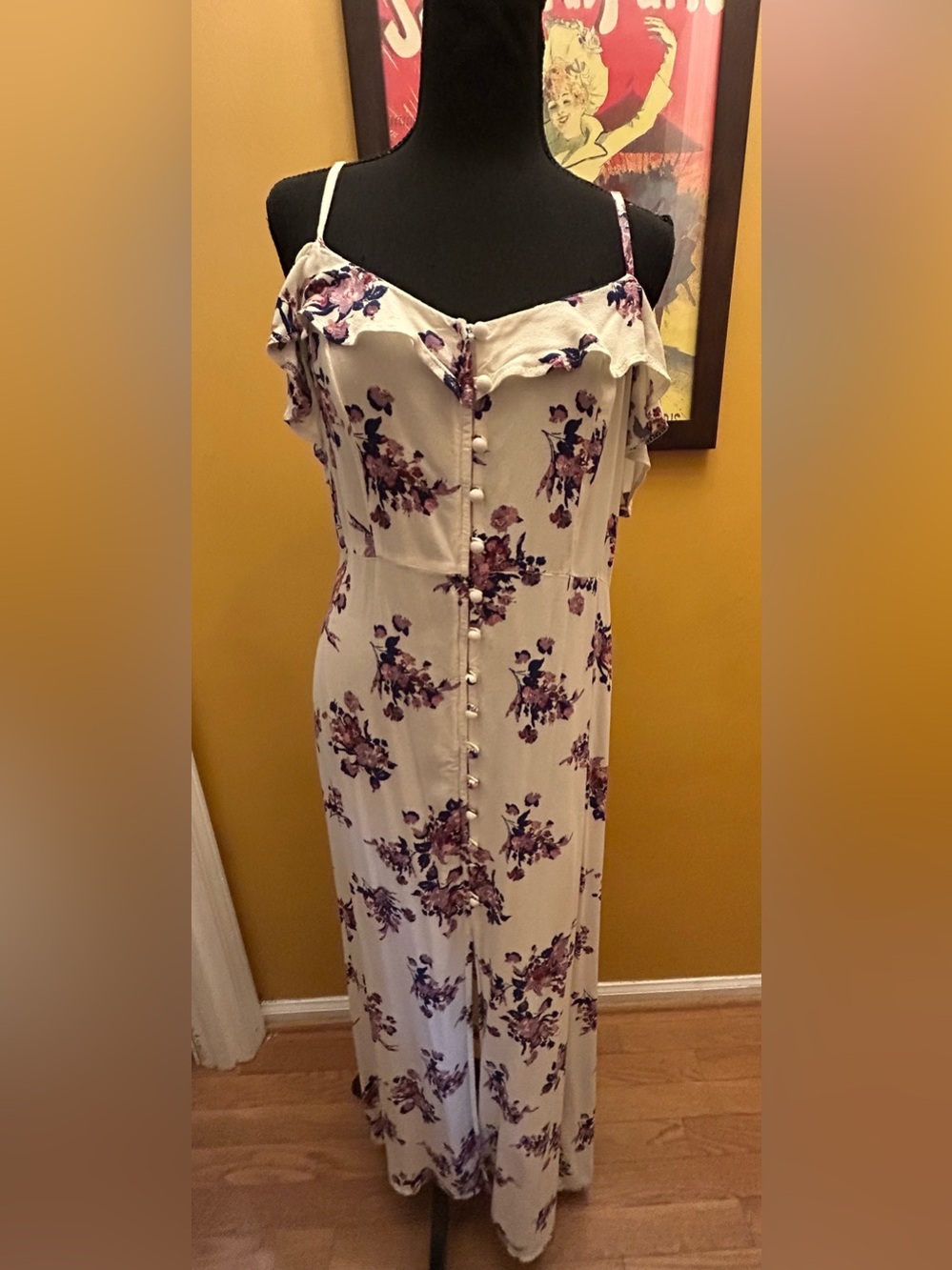 Xhilaration Floral Shabby Chic Flowy Maxi Dress Off Shoulder Ruffle Sleeve Butt